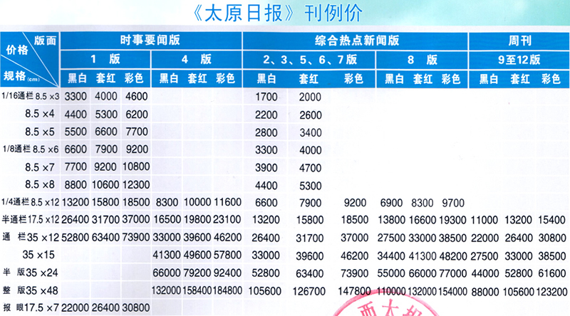 《太原日报》2015年广告价格(沿用)