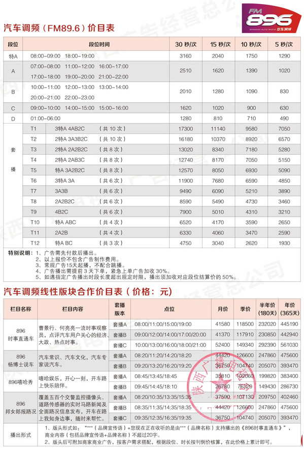 陕西人民广播电台汽车调频（FM 89.6）2016年广告价格