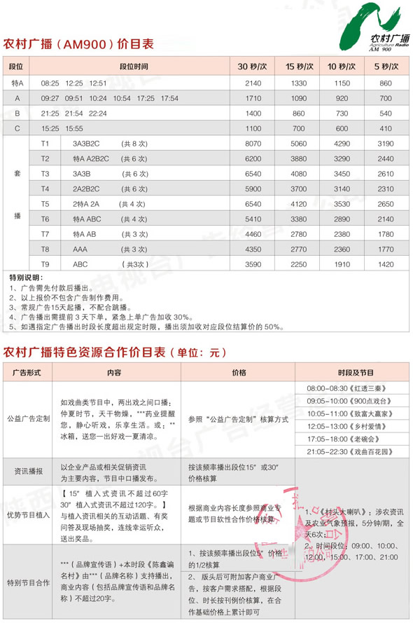 陕西人民广播电台农村广播（AM900）2016年广告价格