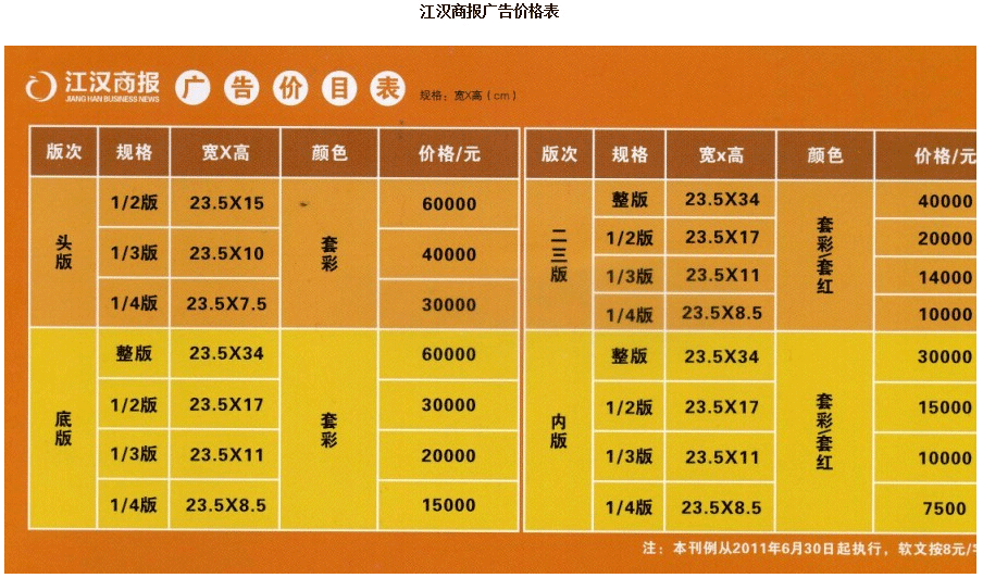 《江汉商报》2014年广告价格表 