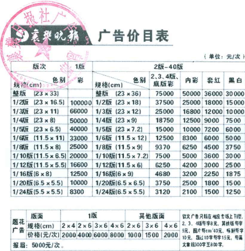 《襄樊晚报》2014年广告价格