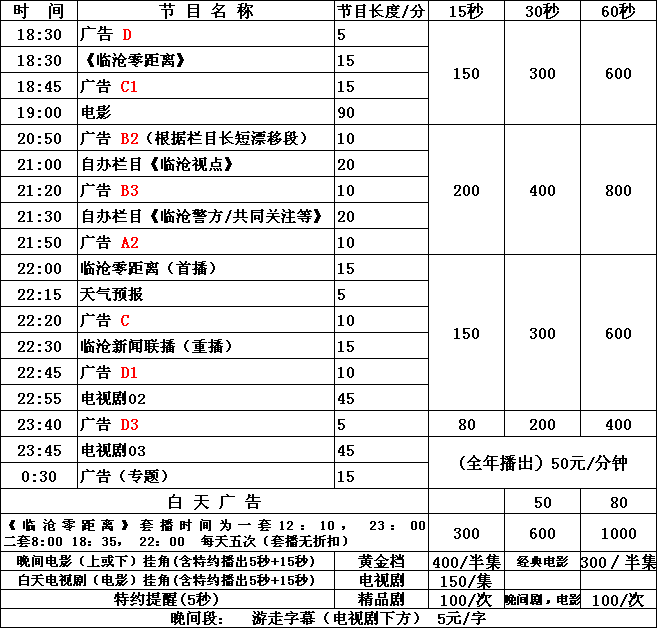 临沧电视台二套公共频道2016年广告价格