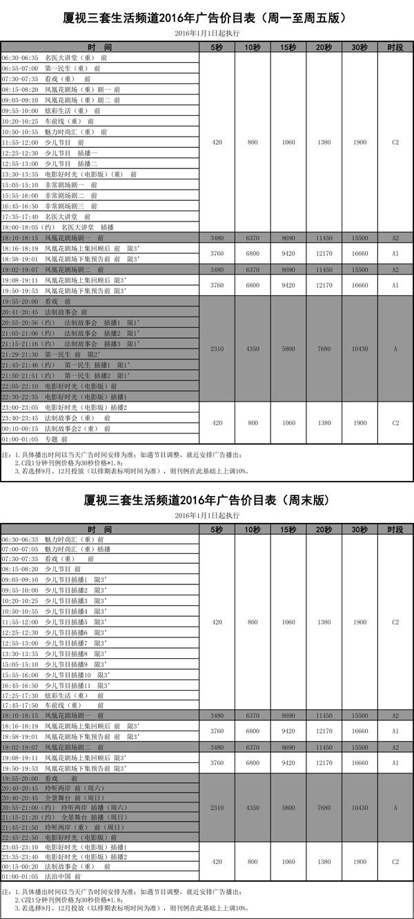 厦门电视台三套生活频道2016年广告价目表