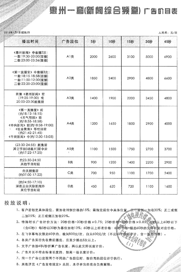 惠州电视台新闻综合频道2015年广告价格