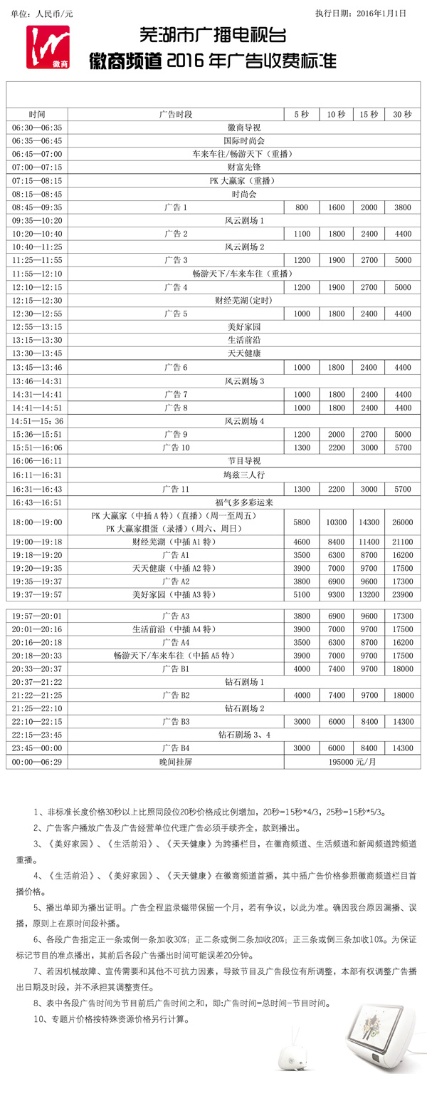 芜湖电视台徽商频道2016年广告价格