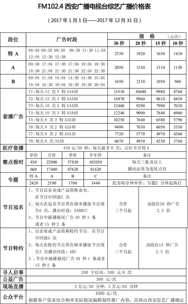 西安人民广播电台综艺广播（FM102.4）2017年广告价格