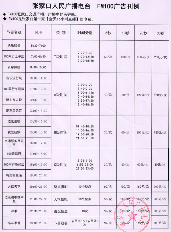 张家口人民广播电台交通文艺广播（FM100）2017年广告报价