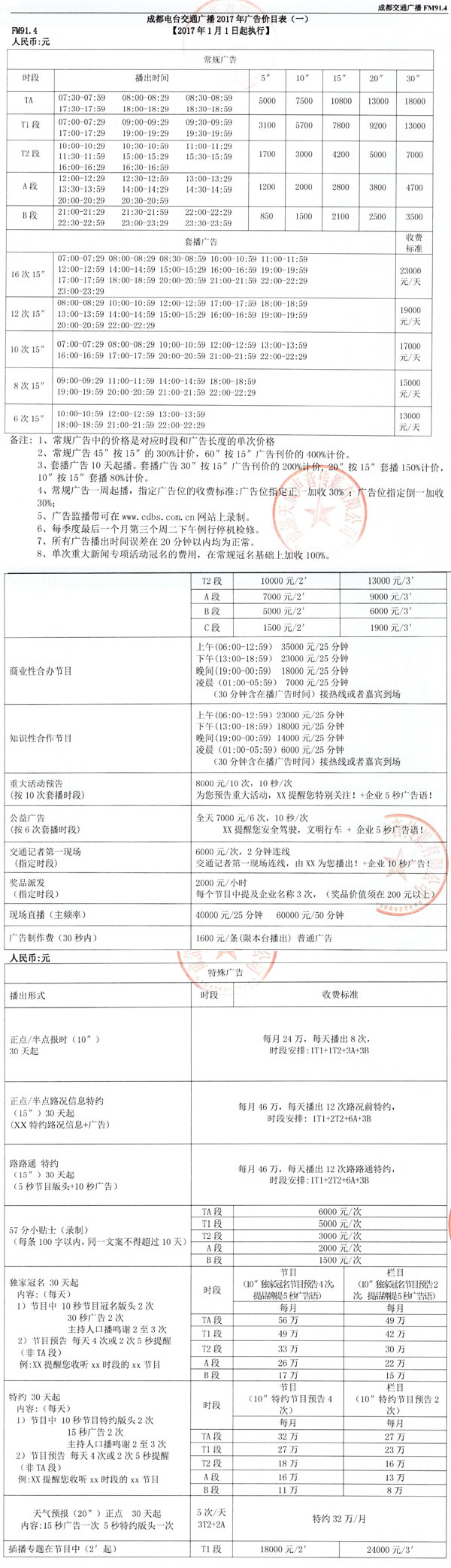 成都人民广播电台交通广播（FM91.4 、AM1485）2017年广告价格