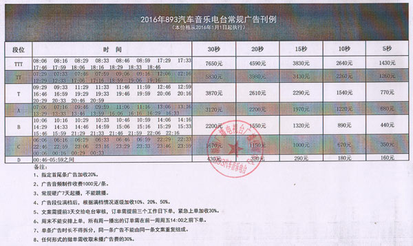 湖南人民广播电台汽车音乐频道（FM89.3）2016年广告价格
