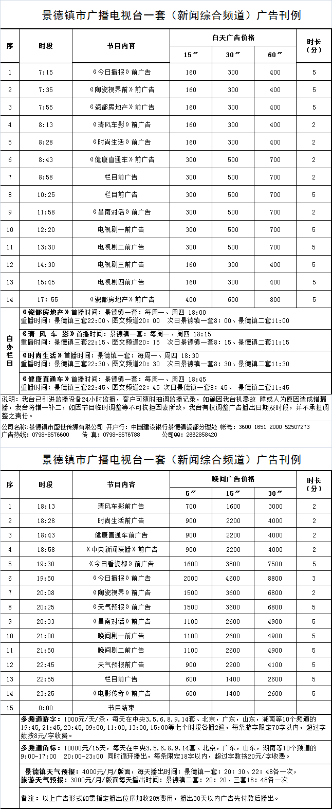 景德镇广播电视台新闻综合频道2016年广告价格