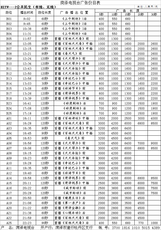 菏泽电视台（HZTV--2）公共民生频道2016年广告价目表