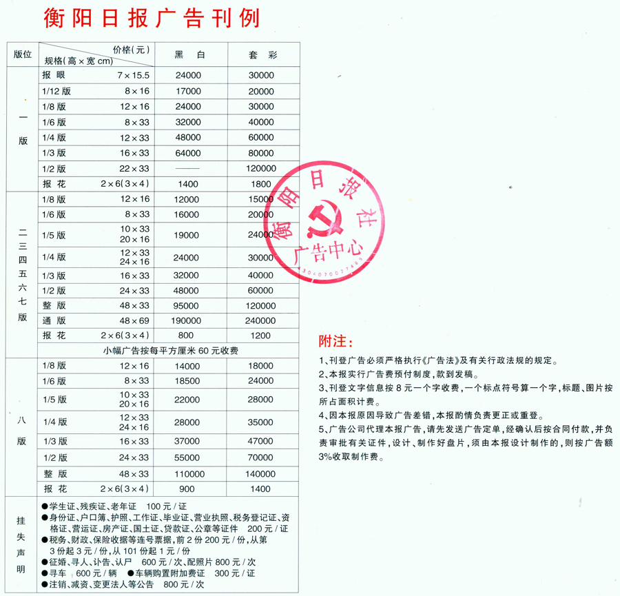 《衡阳日报》2014年广告价格