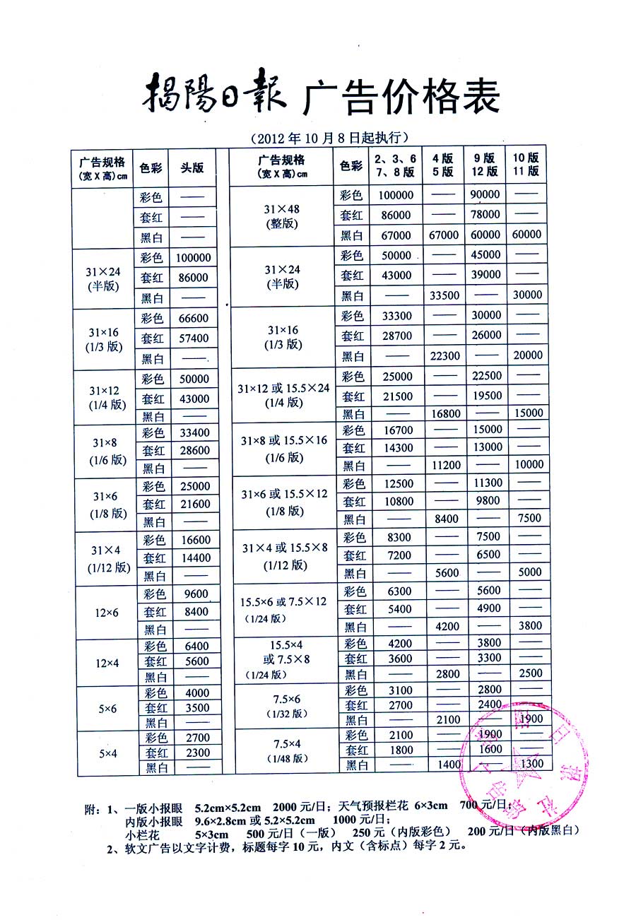 《揭阳日报》2014年广告价格（沿用）