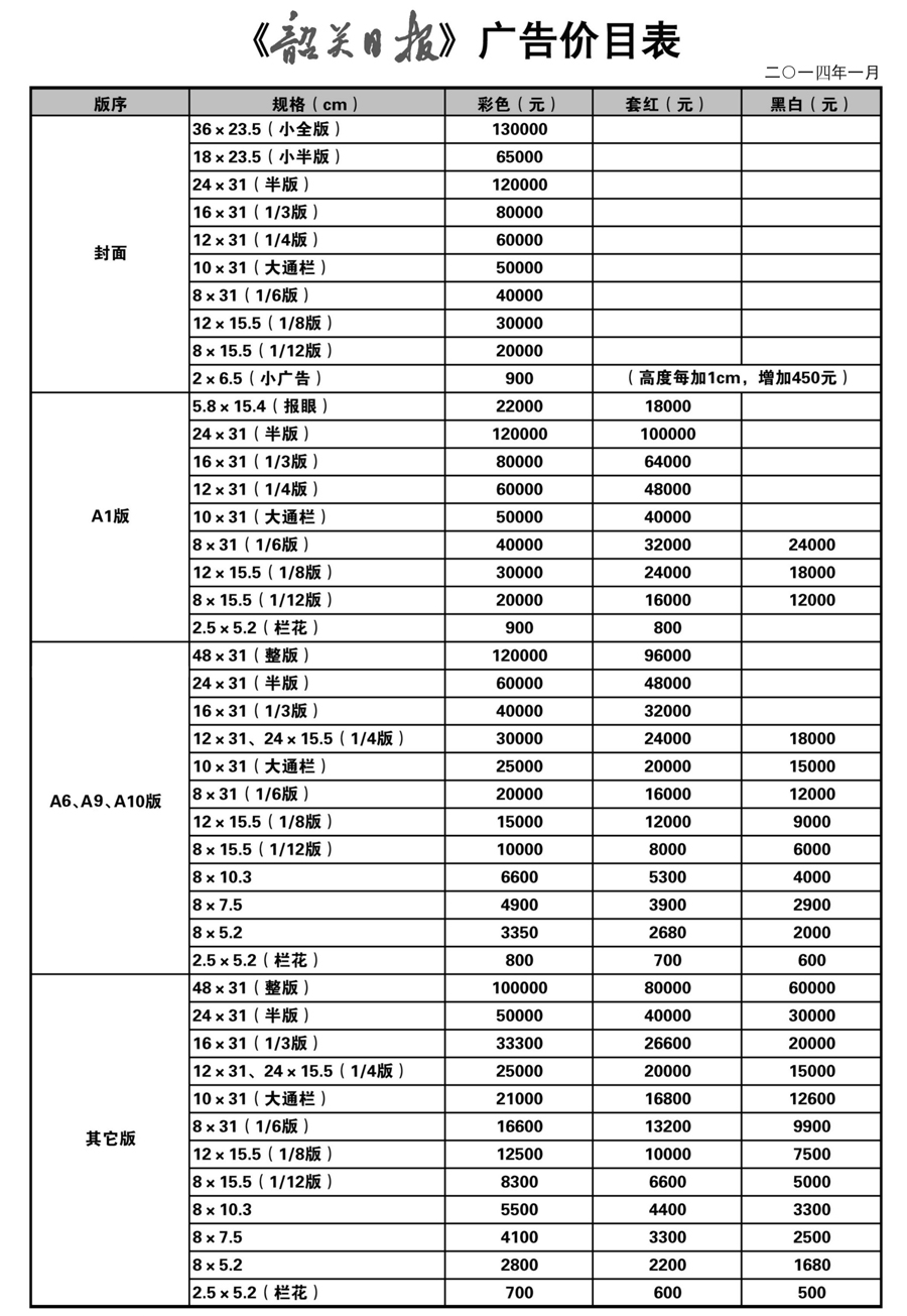 《韶关日报》2014年广告价格