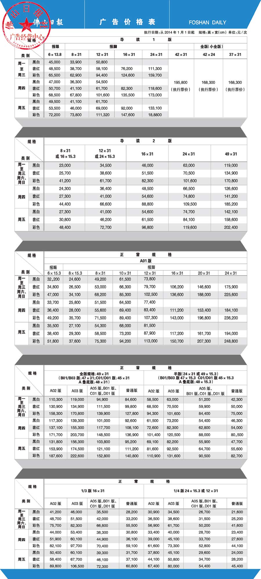 《佛山日报》2014年广告价格