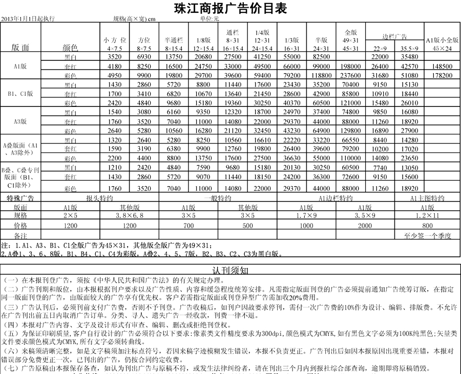 《珠江商报》2014年广告价格(沿用2013年）