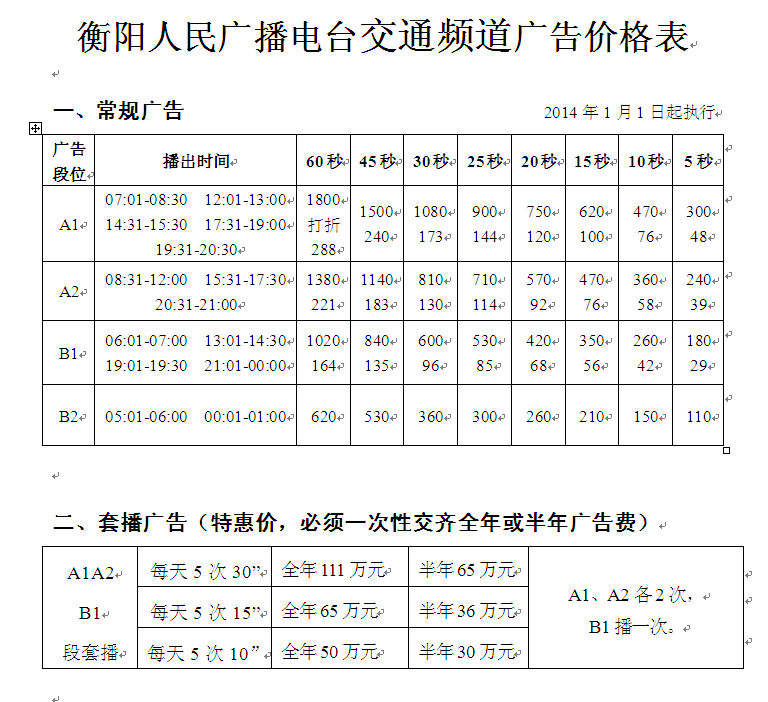 衡阳人民广播电台交通广播2016年广告价格
