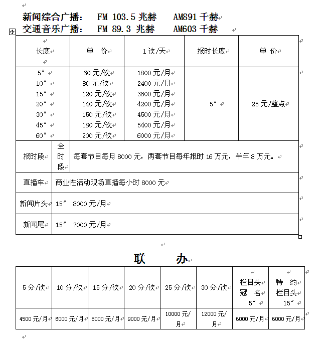 石河子人民广播电台新闻综合(FM103.5)2015年广告价格