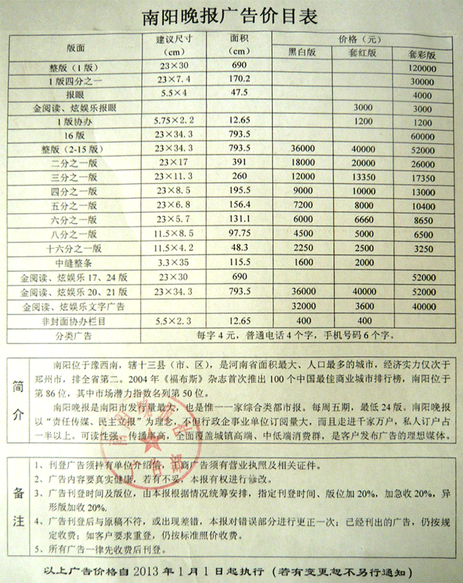 《南阳晚报》2014年广告价格