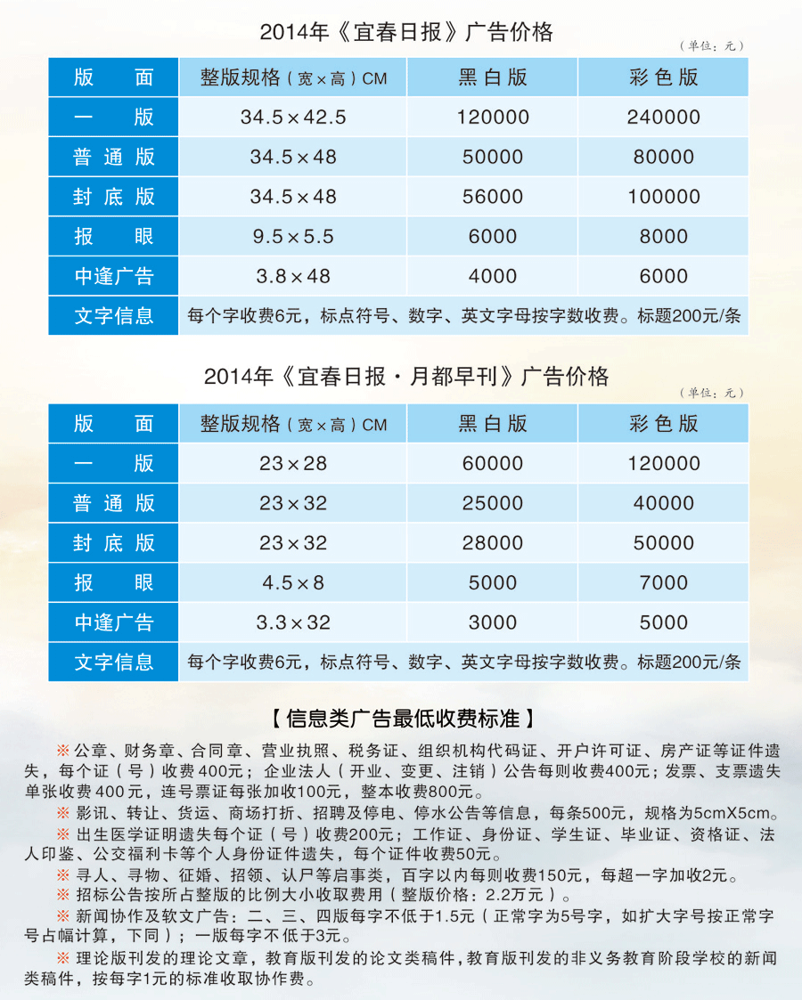 《宜春日报》2014年广告价格