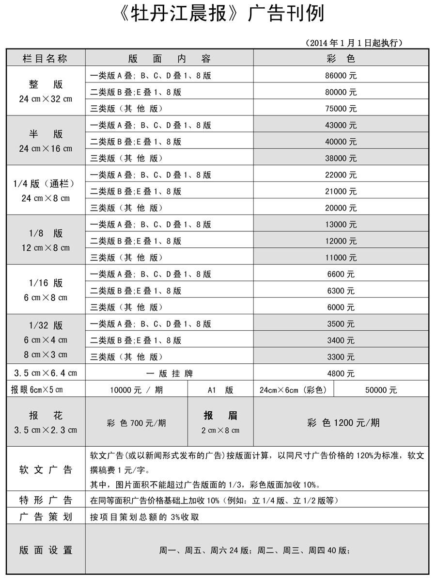 《牡丹江晨报》2014年广告价格