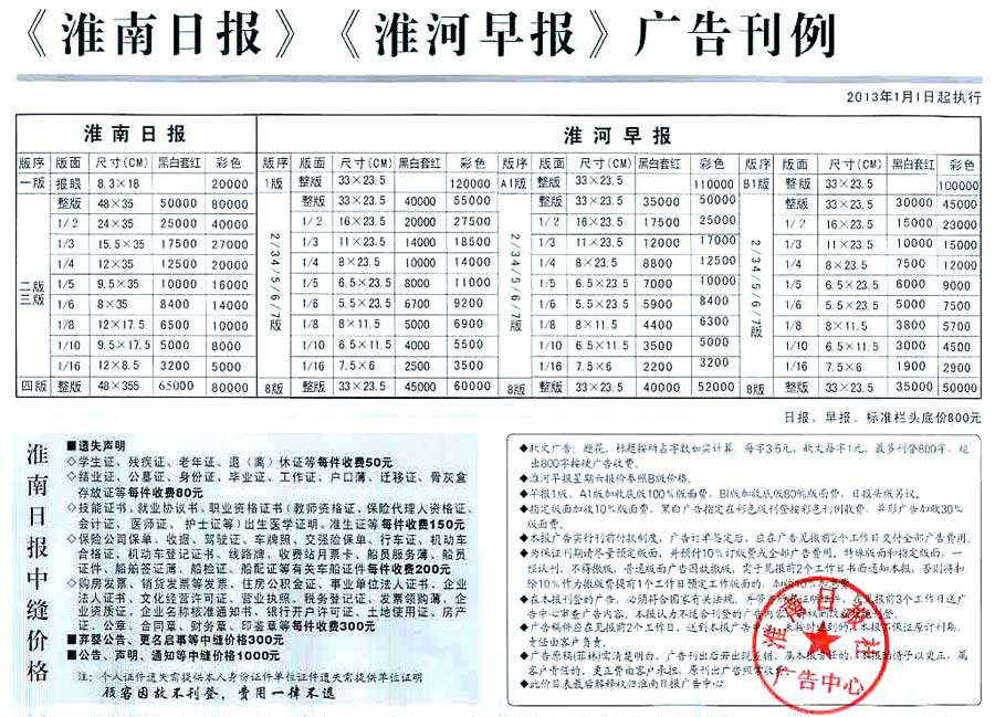 《淮南日报》2014年广告价格