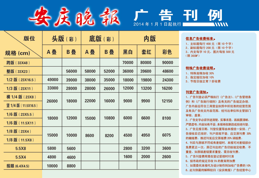 《安庆晚报》2014年广告价格