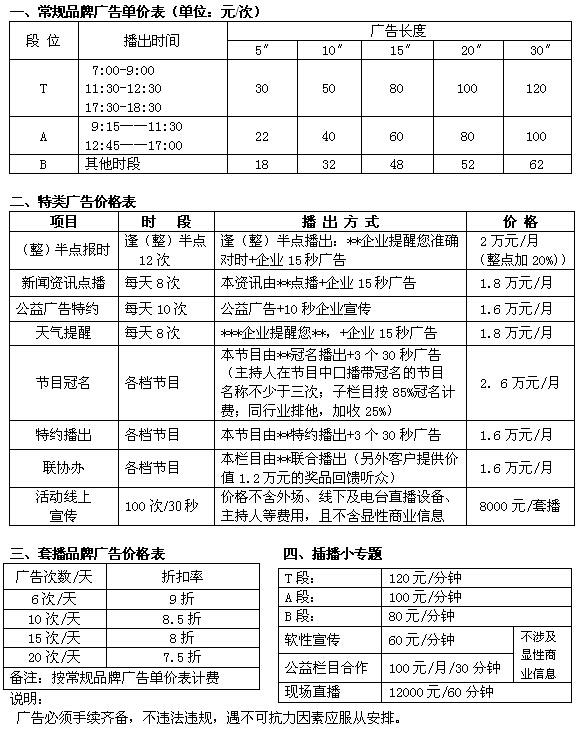 九江人民广播电台新闻广播2017年广告价格