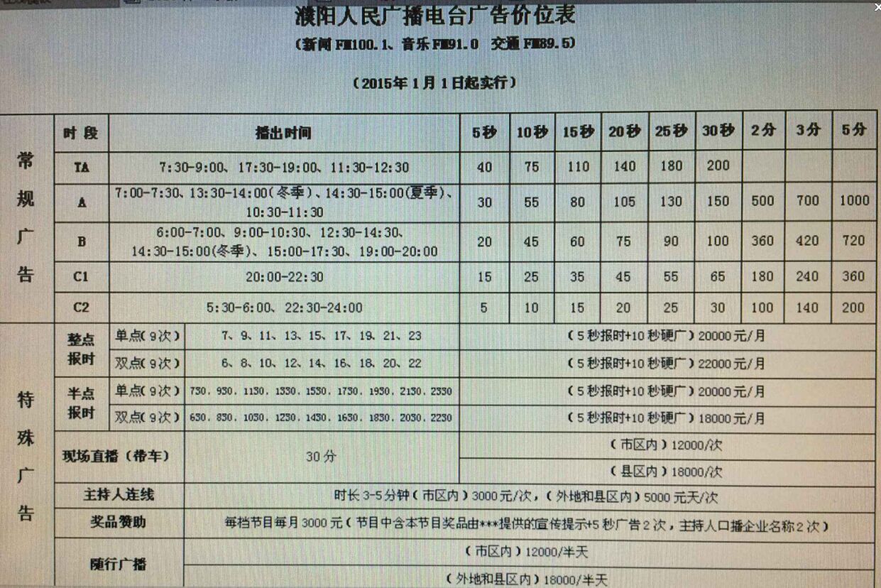 濮阳人民广播电台文艺广播2015年广告价格