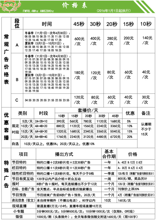 荆州人民广播电台新闻台2016年广告价目表