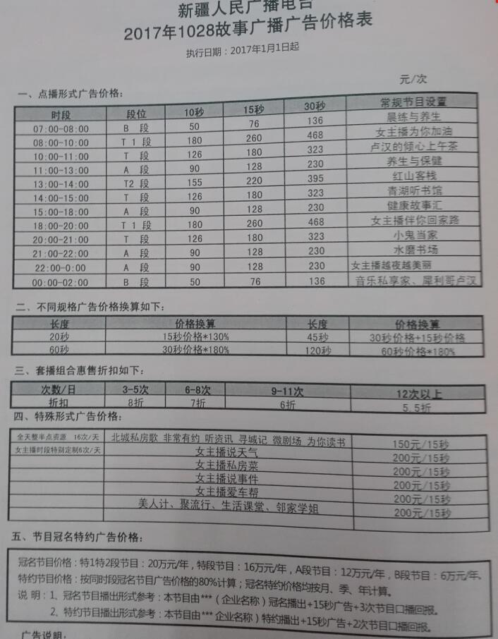 新疆人民广播电台1028故事广播2017年广告价格