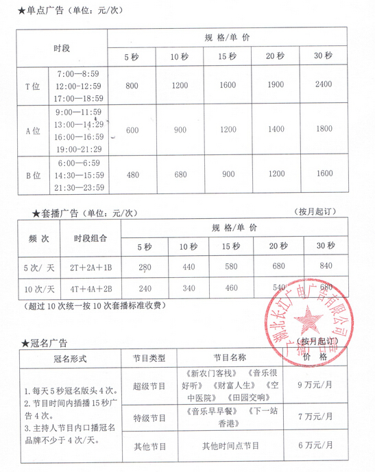 湖北人民广播电台农村广播(FM91.2)2016年广告价格表