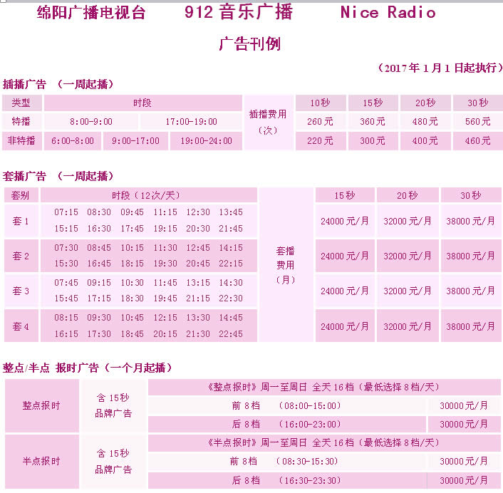 绵阳人民广播电台音乐广播2017年广告价格