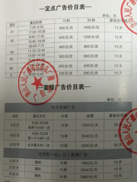 唐山人民广播电台音乐广播（FM94.0）2016年广告价格