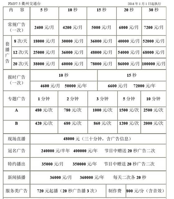 衢州人民广播电台交通音乐频道2016年广告价格