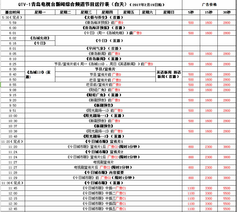 青岛电视台新闻综合频道（QTV-1）2017年广告价格