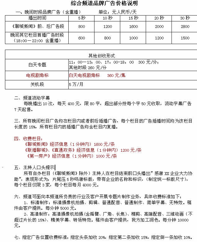 聊城电视台综合频道（一套）2017年广告价格