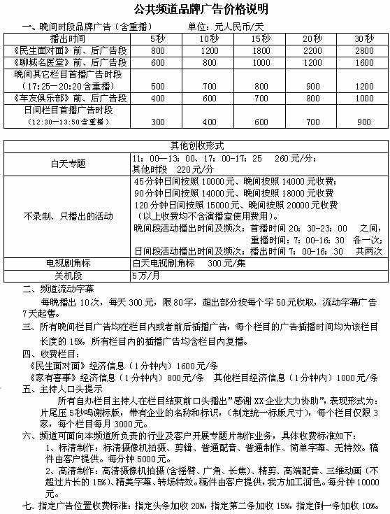 聊城电视台公共频道（二套）2017年广告价目表