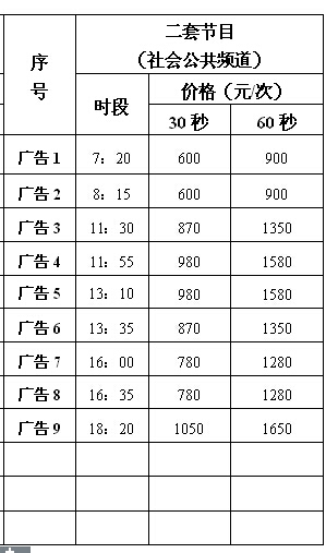 张家口电视台二套公共频道2017年广告价格