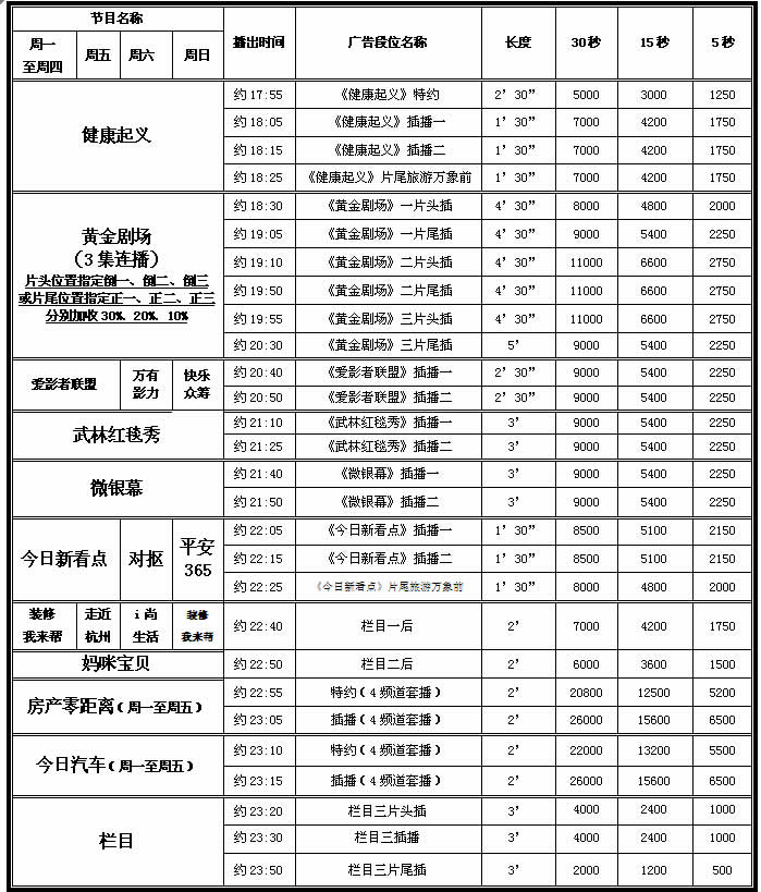 杭州电视台影视频道2016年广告价格