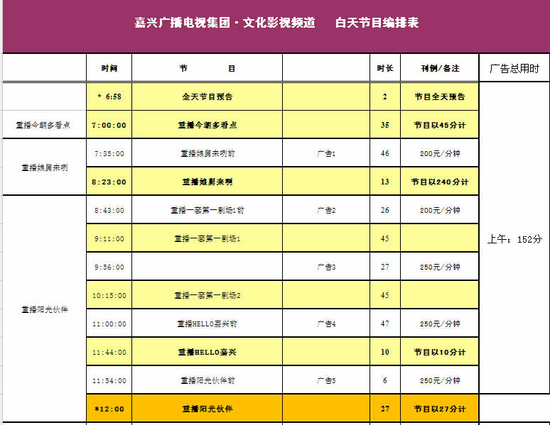 嘉兴电视台二套文化影视频道2017年广告价格