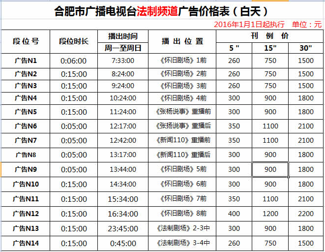 合肥电视台法制频道（三套）2016年广告价格 