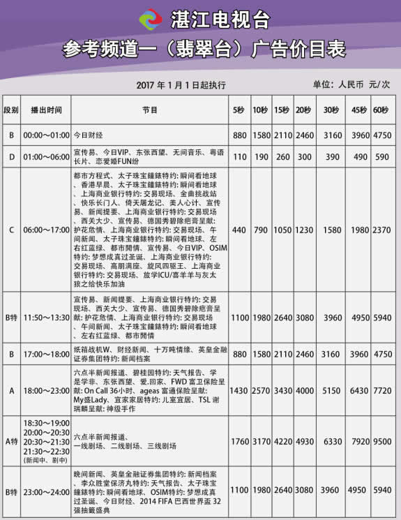 湛江电视台参考一频道（翡翠）2017年广告价格