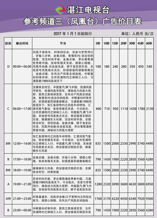 湛江市电视台参考三频道（凤凰台）2017年广告价格