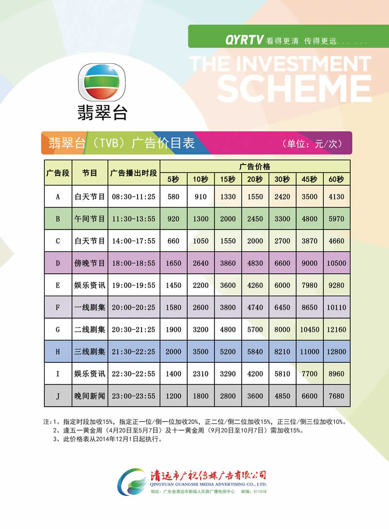 清远电视翡翠台2016年广告价格