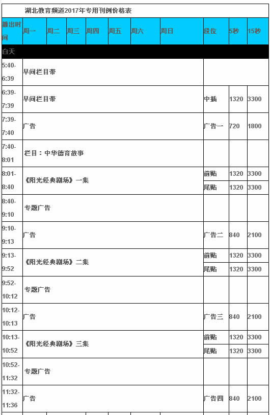 湖北电视台教育频道2017年最新广告报价