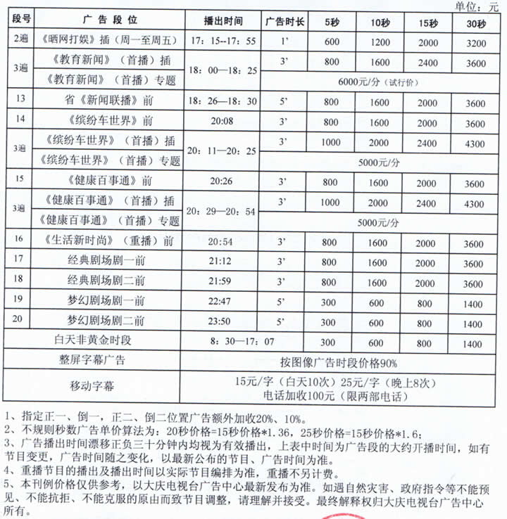 大庆电视台新闻综合频道2016年广告价格表