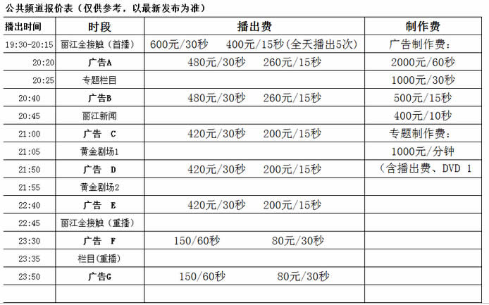 丽江电视台二套公共频道2016年广告价格 