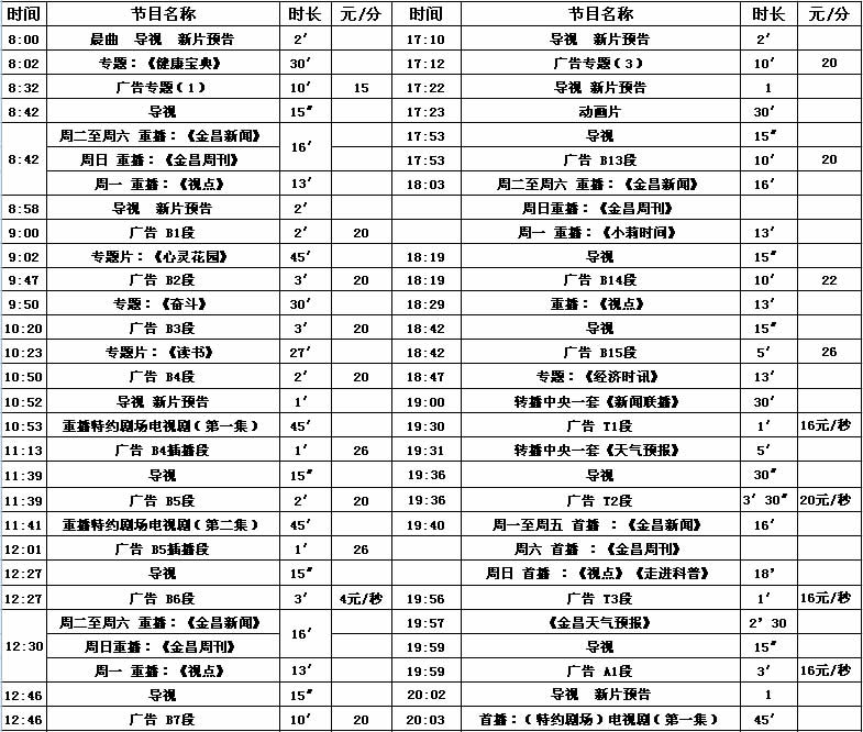 金昌电视台综合频道2016年广告价格