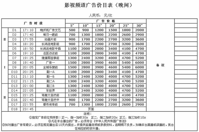 2019年张家港影视频道广告价格表